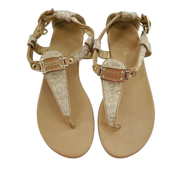 Guess Shalia Tan Logo Fabric Low Heeled Thong Casual Summer Sandals 5.5 - Picture 7 of 9